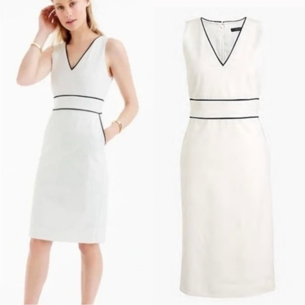 J.Crew Stretch Cotton Piped Sleeveless Sheath Dress Ivory Black Size 0